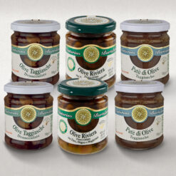 <b>CARTONE MISTO <br>6 vasi di OLIVE e PATÈ<br>di OLIVE TAGGIASCHE</b>